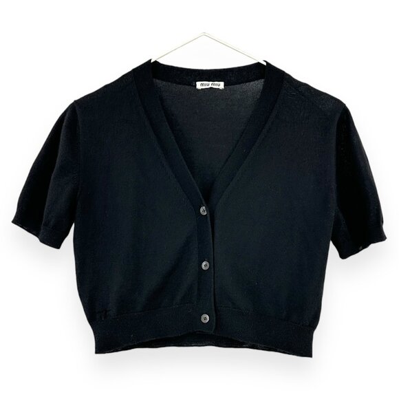 Miu Miu Black Short Sleeve Cashmere & Silk Cropped Button Up Top Cardigan sz 38 - Picture 1 of 8